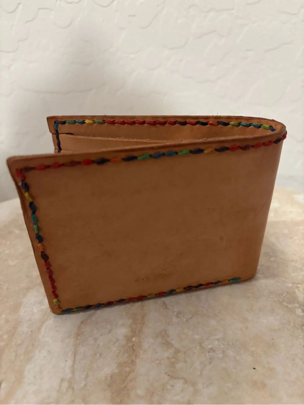 Bespoke Handcrafted Tan Leather Bifold Wallet with Rainbow Stitching